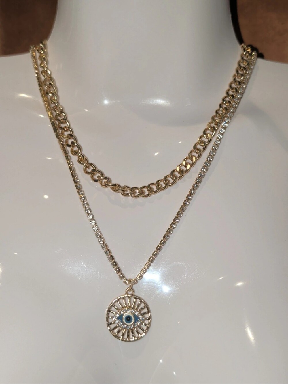 Gold Layered Evil Eye Pendant Necklace Set With Matching Earrings- Women Jewelry